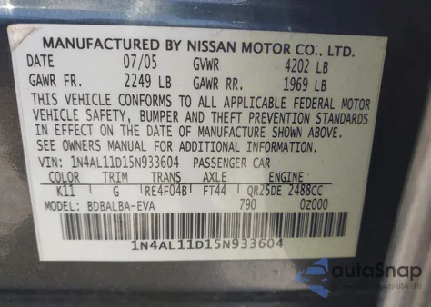 2005 Nissan Altima 2.5 S z USA, uszkodzony, nr VIN 1N4AL11D15N933604